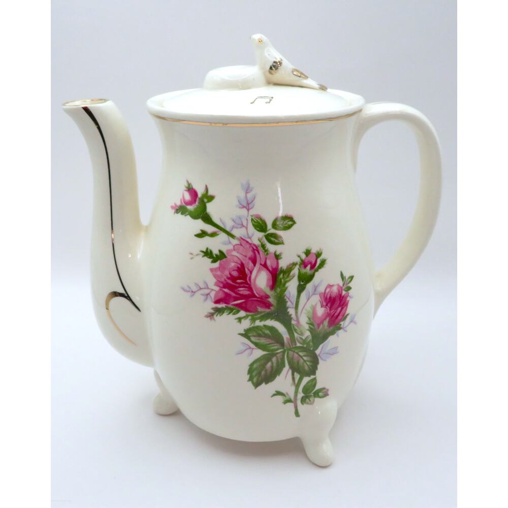 Vintage Holmar Japan Electric Teapot Coffee Pot Roses Bird Finial 120V Kettle